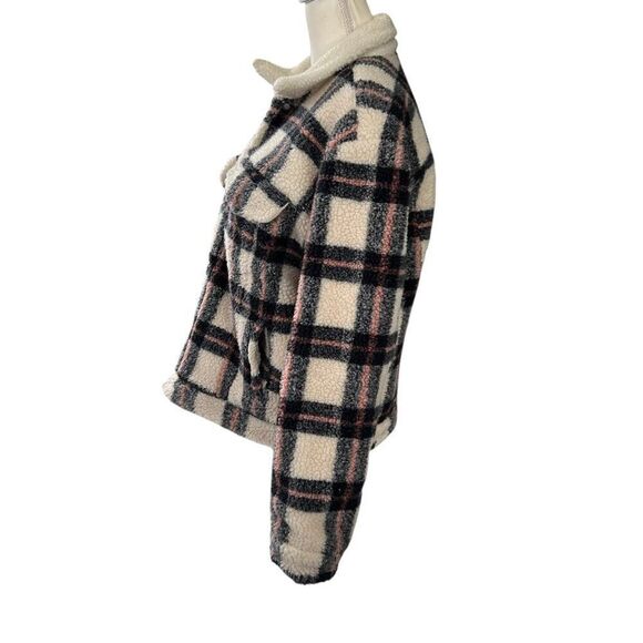 Levi’s Plaid Ex Boyfriend Sherpa Trucker Jacket Black Pink Size Large - Picture 3 of 12